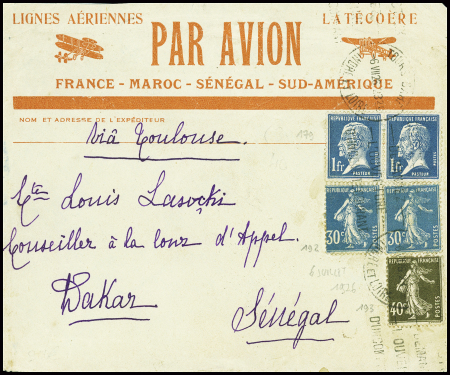 N°179 en paire + 192 en paire + 193 obl Tours gare (6.7.26) sur lettre à en-tête illustrée rouge "Lignes aériennes Latécoère par avion