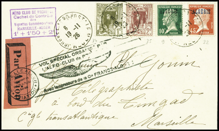 Algérie n°9 + 22 + 34 + 35 obl CAD "Journée aéropostale Alger" (19.11.26) sur lettre pour Marseille avec marque encadrée violette de l'aéro-club de provence