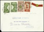 Maroc n°102, 2 pièces +51 + 107 obl Casablanca (11.10.26) sur lettre pour Paris avec rare étiquette rouge et jaune "poste essence Shell avion". TB