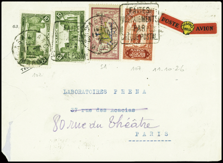 Maroc n°102, 2 pièces +51 + 107 obl Casablanca (11.10.26) sur lettre pour Paris avec rare étiquette rouge et jaune "poste essence Shell avion". TB