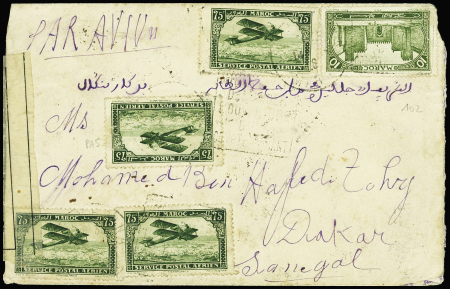 19.10.1926 accident de Pivot à Tiznit, avion attaqué par les Maures. Lettre pour Dakar AFF Maroc n°102 + PA5, 3 pièces avec au verso mention manuscrite