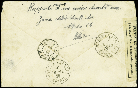 19.10.1926 accident de Pivot à Tiznit, avion attaqué par les Maures. Lettre pour Dakar AFF Maroc n°102 + PA5, 3 pièces avec au verso mention manuscrite