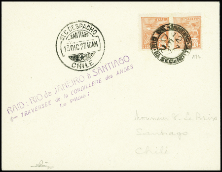 Brésil n°174 obl Rio de Janeiro (12 dec 27) sur lettre avec arrivée Santiago du Chili au recto (13.12.27) avec griffe violette