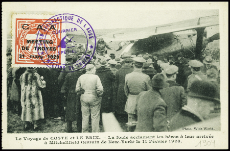 Vignette orange obl du meeting de Troyes 31 mars 1929 sur carte postale "Le voyage  de Coste et Le Brix - la foule acclamant les héros à Mitchellfield