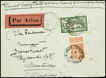 Idem. N°199 + 207 obl Paris gare d'Austerlitz sur lettre Paris - Toulouse - Montevideo (pilote Mermoz). TB