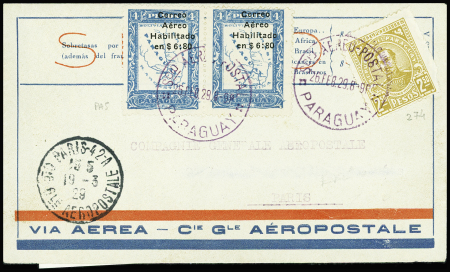 Paraguay n°274 + PA5 en paire obl CAD violet "Scio aero-postal Paraguay" (26.2.29) sur lettre Asuncion - Toulouse - Paris avec CAD d'arrivée au recto