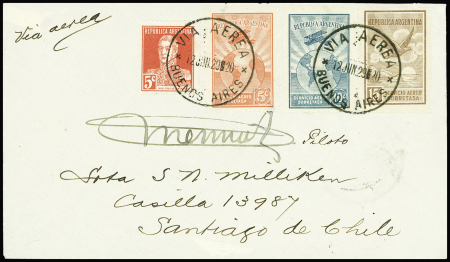 Argentine n°281 + PA1 à 3  obl CAD "Via aerea Buenos Aires" (12.6.29) sur lettre pour Buenos Aires - Santiago (41 plis existants) avec signature de Mermoz