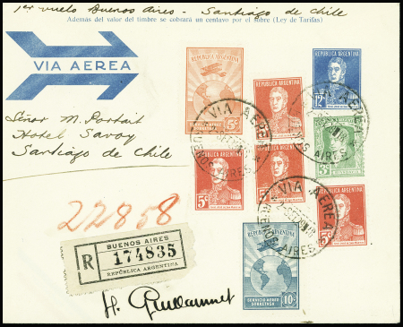 Argentine n°281, 4 pièces + 310 + PA1 + PA2 obl CAD "Via aerea Buenos Aires" (2 sept 29) sur env entier postal n°283 recommandée avec signature