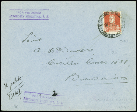 Argentine n°281 obl Comodoro Rivadavia (11 sept 29) sur lettre pour Buenos Aires avec griffe vuiolette "Por via aerea aeroposta Argentina SA" et signature