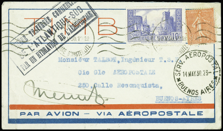 N°199 + 261 obl Paris Gare d'Austerlitz (9.5.30) sur lettre pour Buenos Aires avec signature de Mermoz, arrivée au recto 14 mai (Muller n°260)