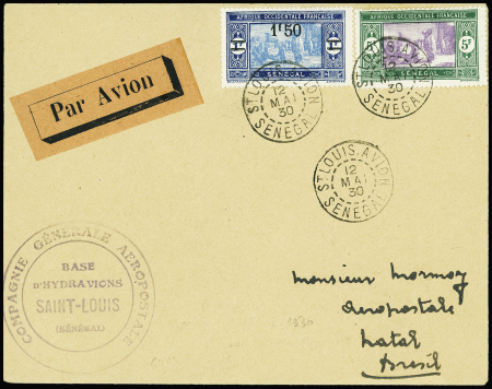 Sénégal n°69 + 98 obl St Louis Avion (12 mai 30) sur lettre par avion pour Natal par Mermoz, Dabry et Gimié avec grand cachet noir