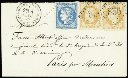 N°31, 40c orange, 2 pièces + n°45, 20c bleu type 2 obl GC 856 + CAD T16 "Champagne en Valmoray (1)" (4 janv 70, millésime 71 non parvenu) sur lettre