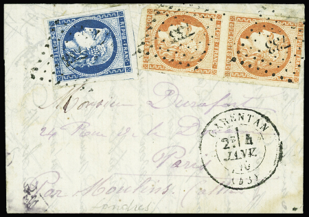 N°45 + 48 en paire obl PC du GC 733 + T17 "carentan (48)" (4 janv 1870 - millésime 71 non parvenu) sur lettre. RR. TB