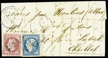 N°32 + n°44, 20c Bordeaux type 1 obl GC 4059 + T17 "Uzerche (18)" (5 janv 71) sur lettre. TB
