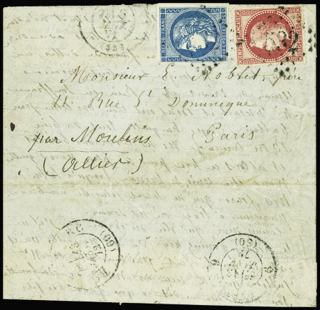 N°32 + 45 obl GC 532 + T17 "Bordeaux (32)" (6 janv 71) sur lettre en provenance de Liège avec au verso CAD de repêchage "RC Paris RC (60)"