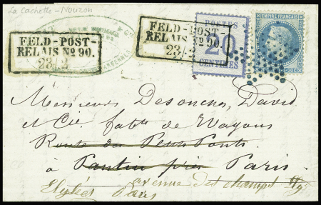 N°29 obl étoile muette bleue + Alsace n°6 obl CAD rect "Feldpost relais n°90" (23.2.71 - La Cachette Nouzon Ardennes) sur lettre pour Paris. TB