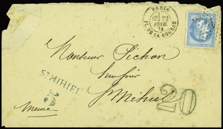 N°29 obl étoile 1 + CAD "Paris Pl. de la Bourse" (22 fev 71) sur lettre pour Saint Mihiel (Meuse) avec taxe allemande 20 double-trait en bleu + St Mihiel 5"