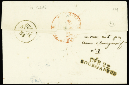 MP "Deb 22 Bourganeuf" (1829), ind 23. Rare et TB, certificat Robineau