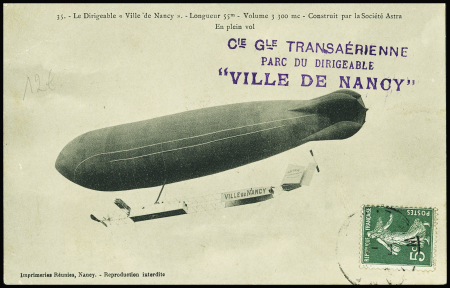 14 cartes postales avec vues du dirigeable "Ville de Nancy" dont l'une avec griffe violette "Cie Gle transaérienne parc du dirigeable Ville de Nancy"