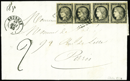 N°3, 2 paires obl grille + T15 Bourges (1850) sur lettre et triple port de 18g avec taxe 2 manuscrite (la lettre aurait dû être affranchie à 1F). TB
