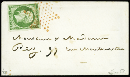 N°12, 5c vert obl étoile muette rouge sur une petite env contenant une carte de visite, signé JF Brun et Roumet. Rare et TB