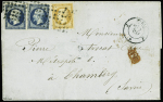 N°13 + 14, 2 pièces (2 nuances) obl rouleau de gros points + CAD "J Paris J" (1856) sur lettre avec correspondance pour Chambéry avec arrivée au verso