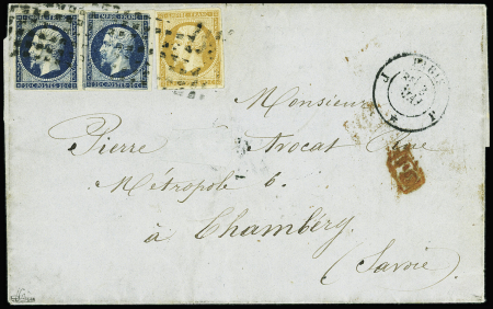 N°13 + 14, 2 pièces (2 nuances) obl rouleau de gros points + CAD "J Paris J" (1856) sur lettre avec correspondance pour Chambéry avec arrivée au verso
