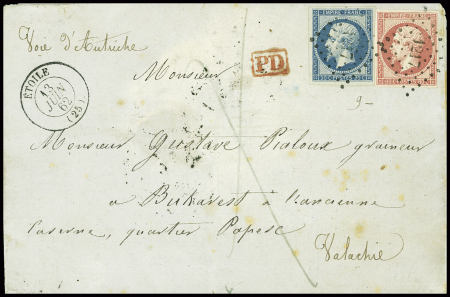 N°14 + 17B obl PC 1217 + T15 "Etoile (25)" (1862) sur lettre pour Bucarest (Valachie) avec au verso transit Wien et arrivée. TB