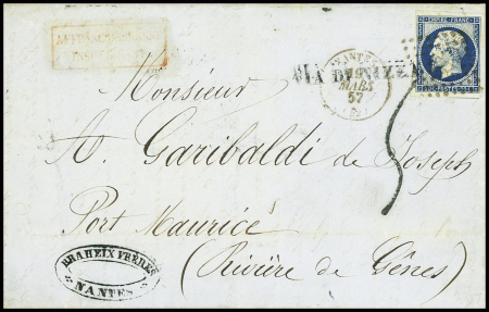N°14 obl PC 2221 + T15 Nantes (1857) sur lettre pour Port Maurice (Italie) avec griffe "Via di Nizza" et taxe 5 tampon façon manuscrite. TB