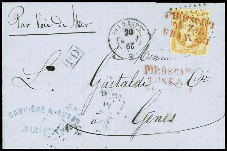 N°16 obl ancre + CAD de paquebot "Hydaspe *" (1862) + griffe rouge "Piroscafi francesi" appposée sur le timbre sur lettre pour Gênes. TB