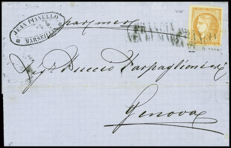 N°48, 40c Bordeaux, obl griffe noire "Via di Mare" (Salles n°659) sur lettre pour Gênes (1871), rare sur Bordeaux