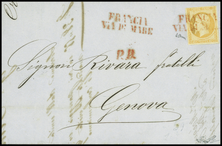 N°16 obl griffe rouge "Francia di Mare" répété à côté (Salles n°659) sur lettre pour Gênes, signé A.Brun. TB
