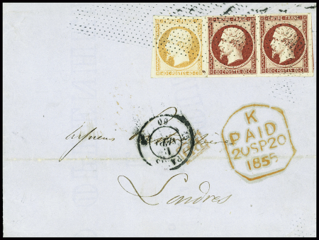 N°16 + 17 en paire obl roulette de pointillés obl CAD "15 Paris 3e 60" (1855) sur lettre pour Londres avec CAD d'arrivée rouge au verso. TB