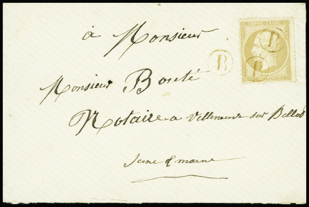 N°21, 10c bistre, obl boite rurale brun-rouge "B" frappée 3 fois sur lettre pour Villeneuve sur belles (Seine-et-Marne). TB