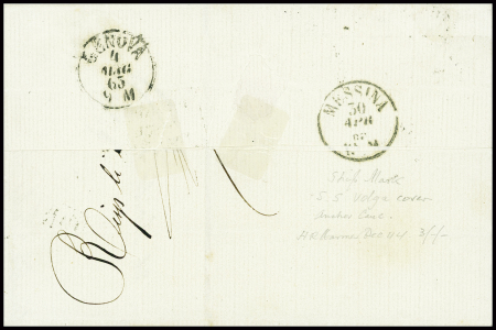 N°21 + 24 obl ancre + CAD "Volga *" (1865) sur lettre pour Gênes avec griffe noire encadrée "Piroscafi postali francesi"  (S.831), ind 19. TB