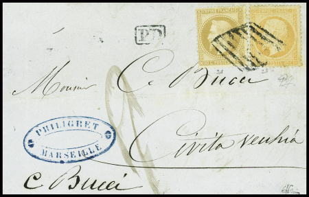 N°23 + 28 obl grille de Civita Vecchia sur lettre de Marseille pour Civita-Vecchia (1868)  (Salles n°684). TB