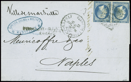 N°22 en paire obl rect de points 184 + CAD "Napoli UF° SUCCle del porto" (1868) sur lettre de Marseille pour Naples (Salles n°695)