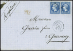 N°22 en paire obl GC 3112 + T15 Rennes (1854) sur lettre pour Guernesey avec arrivée au verso. TB