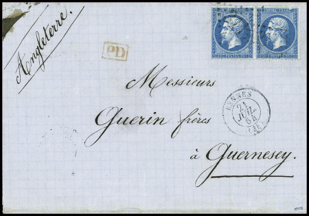 N°22 en paire obl GC 3112 + T15 Rennes (1854) sur lettre pour Guernesey avec arrivée au verso. TB