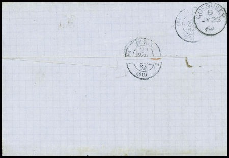 N°22 en paire obl GC 3112 + T15 Rennes (1854) sur lettre pour Guernesey avec arrivée au verso. TB