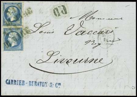 N°22, 2 pièces, obl griffe noire "Via di Mare" (37mm) + "PD" noir "Salles 672 + 673) sur lettre de Marseille pour Livourne, ind 24. RR et TB