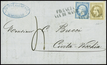 N°22 + 30 obl griffe "Francia di Mare" (Salles n°659) sur lettre de Marseille pour Civita Vecchia avec taxe 4 manuscrite. TB
