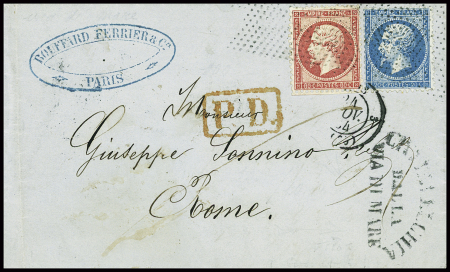 N°22 + 24 obl roulette de pointillés sur lettre de Paris pour Rome avec grand "PD" rouge encadré et griffe noire en arc de cercle