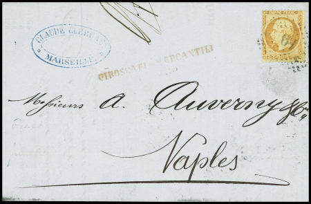 N°23 obl rect de points "19" de Naples sur lettre de Marseille pour Naples. Rare et TB