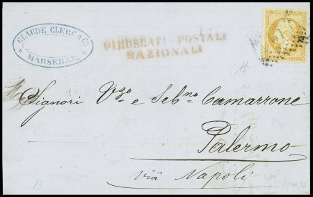 N°23 obl rect de points "19" de Naples sur lettre de Marseille pour Palerme avec griffe rouge "Piroscafi postali nazionali" (Salles n°695 bis). TB