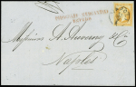 N°23 obl petit CAD "Napoli" (1864) sur lettre de Marseille pour Naples avec griffe rouge "Piroscafi mercantili estero" (Salles n°692 + 693), ind 26