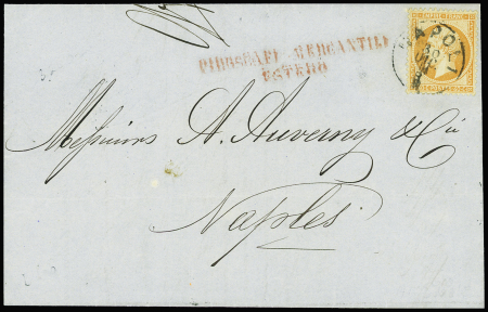 N°23 obl petit CAD "Napoli" (1864) sur lettre de Marseille pour Naples avec griffe rouge "Piroscafi mercantili estero" (Salles n°692 + 693), ind 26