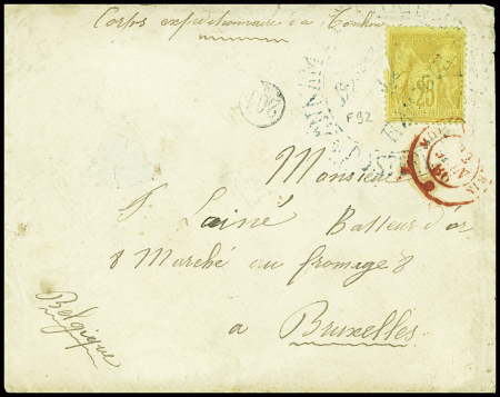 France n°92, 25c Sage jaune-bistre (def) obl grand cachet bleu "Annam bureau de bambous" sur lettre pour Bruxelles (juin 1886). Seule pièce connue