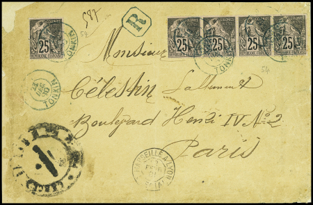 Col. Gen. N°54, 25c noir sur rose, bande de 4 + 1 pièce, obl CAD bleu "Lam Tonkin" (1890) sur lettre recommandée du 4ème échelon de poids avec cachet noir
