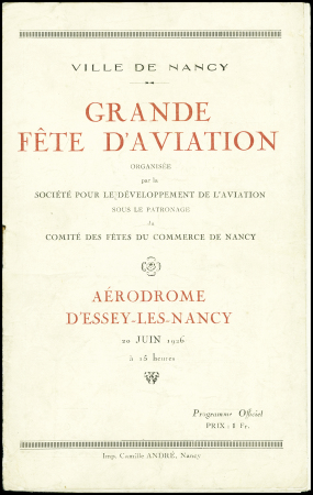 5 pièces diverses dont 3 carnets de vignettes "par avion" (C IDNA et Air France) et programme de la grande fête d'aviation de l'aérodrome d'Essey-les-Nancy